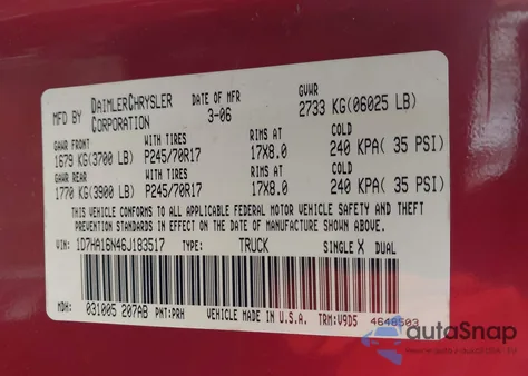 2006 Dodge Ram 1500 Slt z USA, uszkodzony, nr VIN 1D7HA16N46J183517